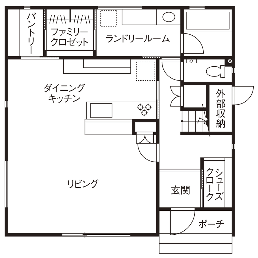 矢橋林業　矢橋の家 【2000万円台/30坪台/3LDK/駐車スペース/間取り】廊下を減らしてリビング広々！収納たっぷりの家事ラクな家の間取り図（3LDK）１階