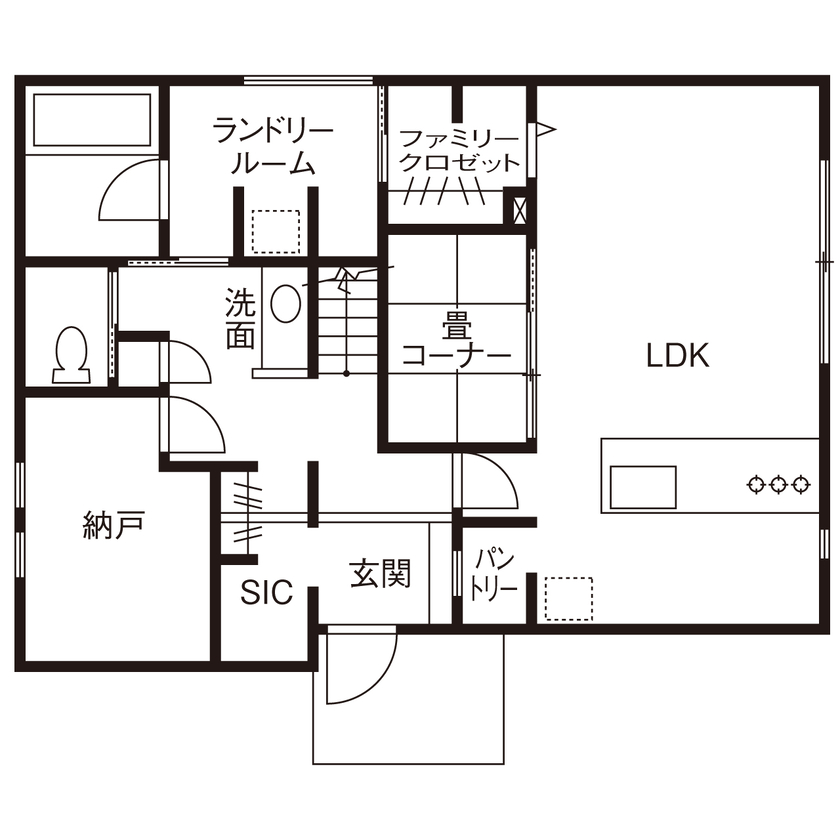 松尾ハウジング 【狭山市/37.6坪/間取り図有】ぐるりと回遊できるスムーズな動線が便利なカフェ風の住まいの間取り図（3LDK＋畳コーナー）1階