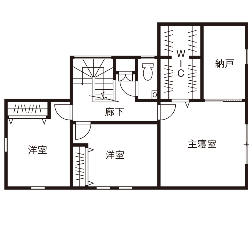 松尾ハウジング 【狭山市/37.6坪/間取り図有】ぐるりと回遊できるスムーズな動線が便利なカフェ風の住まいの間取り図（3LDK＋畳コーナー）2階
