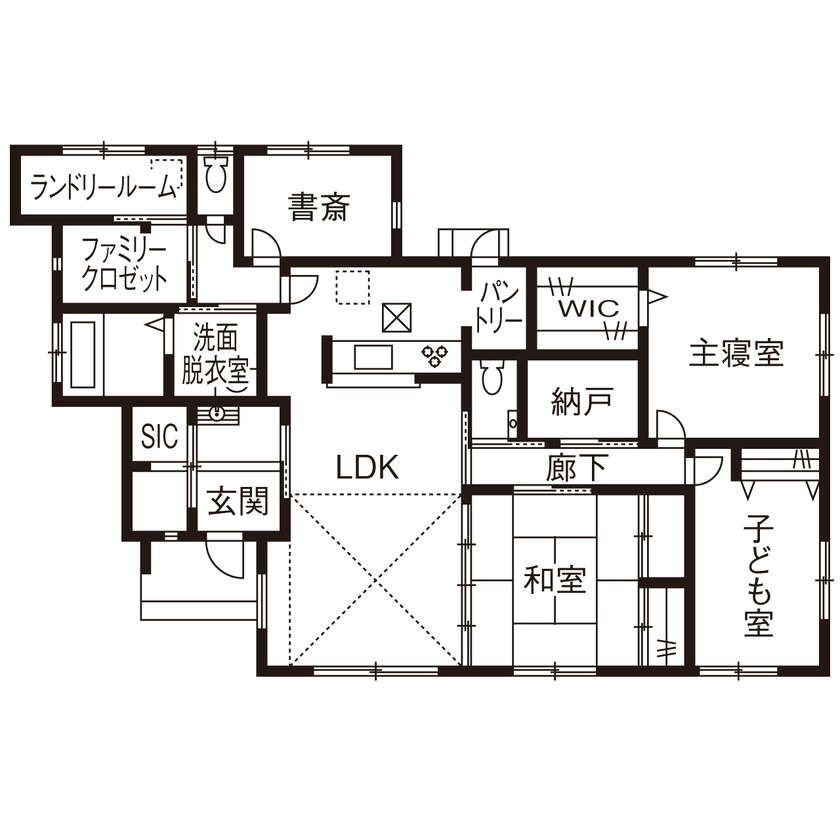 松尾ハウジング 【平屋/38.8坪/間取り図有】効率的な家事動線＆開放的な勾配天井リビングが自慢の平屋の間取り図（3LDK＋書斎）1階