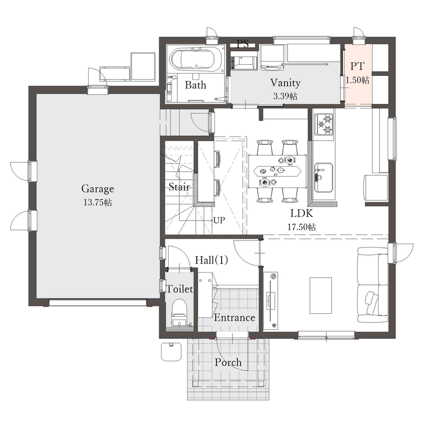 セルコホーム 東北 【2500万～3000万円台／インナーガレージ／間取図】趣味やアウトドアにも活用できる憧れのガレージハウスの間取り図（3LDK+ランドリー室）1階