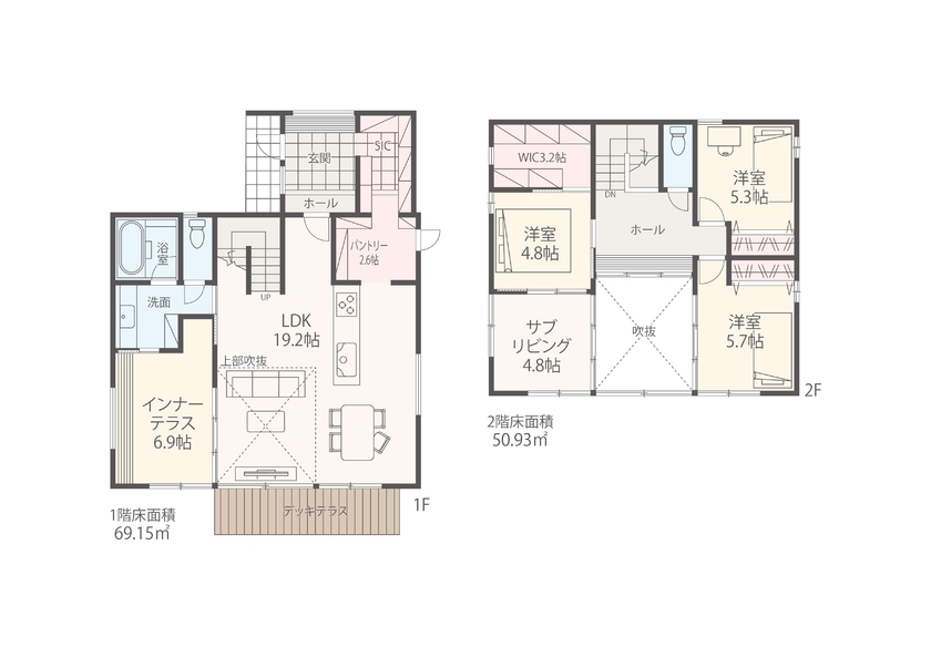 【横須賀/湘南/横浜】かつ七興産 【2200万円/吹抜け/間取り図あり】ウッドデッキと繋がる明るく開放的な大開口リビングと家事ラク動線の家の間取り図（4LDK）1階・2階部
