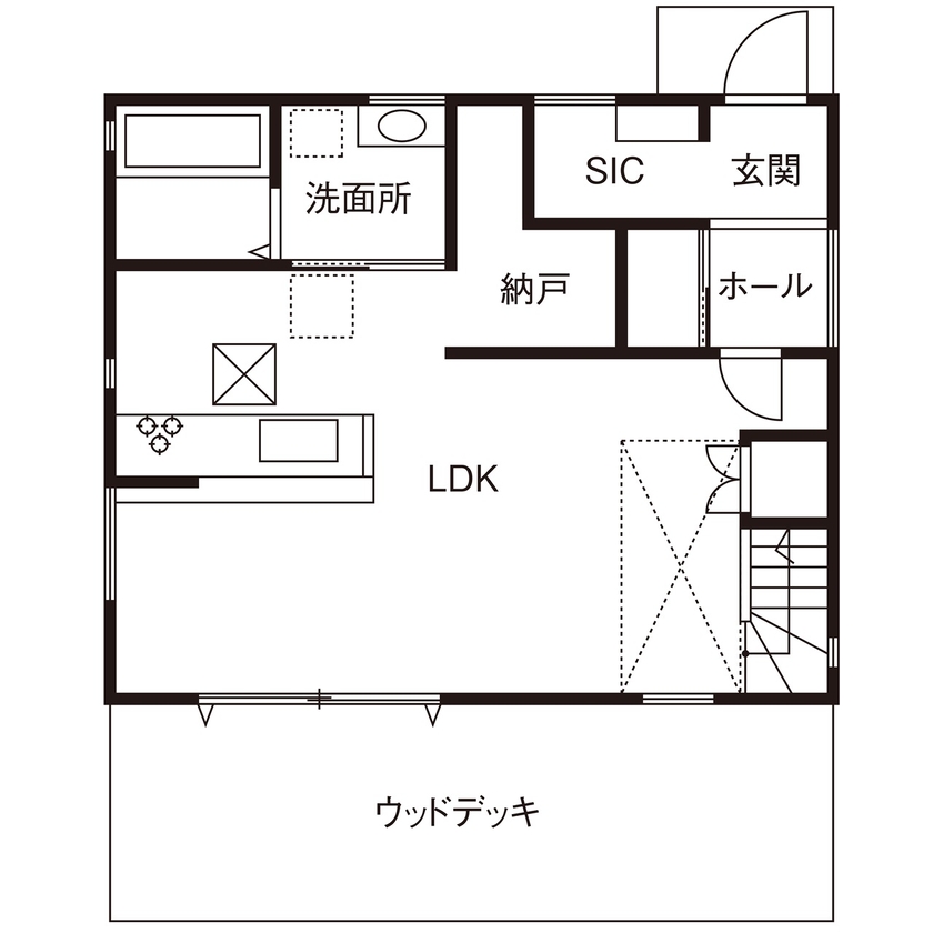 つくみホームズ 【20坪台/1000万円台/間取り図有】おうち時間をもっと楽しく。吹抜け階段のあるおしゃれなカフェ風の家の間取り図（3LDK）1階