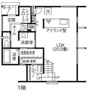 晃和住宅 【薪ストーブ/吹抜け/自然素材】北海道の憧れをカタチに、大きな窓から雄大な景色を一望の間取り図（2LDK）1階