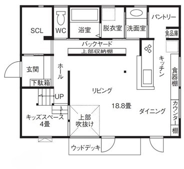 晃和住宅 【吹抜け/スキップ/現し天井】空間がスキップする4層構造　吹抜けの階段、天井は木現しの間取り図（3LDK）1階