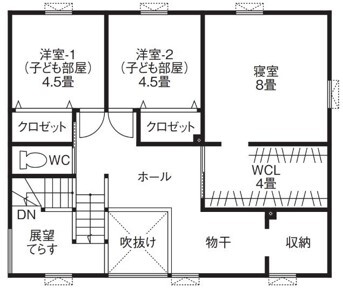 晃和住宅 【吹抜け/スキップ/現し天井】空間がスキップする4層構造　吹抜けの階段、天井は木現しの間取り図（3LDK）2階