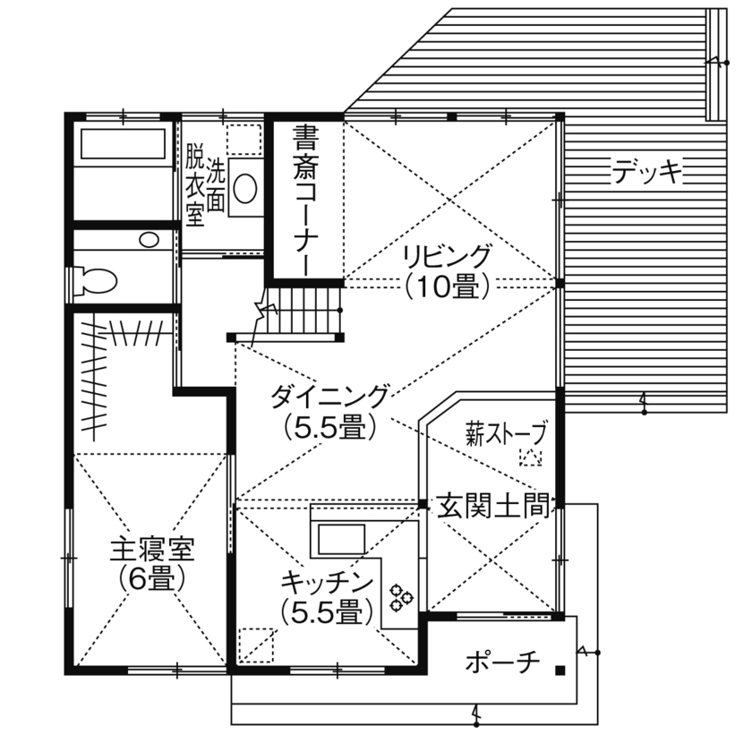 佐七建設 まるで別世界。空を、風を、季節の移り変わりを感じて暮らす。炎を囲み、自然との調和を楽しむ住まいの間取り図（2LDK）1階