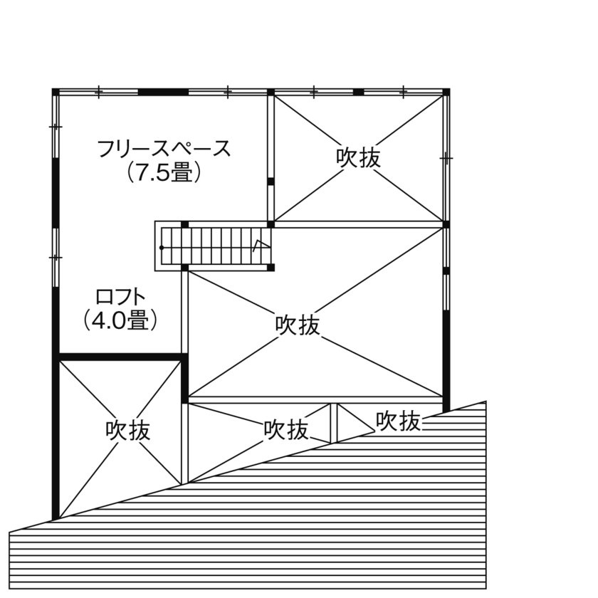 佐七建設 まるで別世界。空を、風を、季節の移り変わりを感じて暮らす。炎を囲み、自然との調和を楽しむ住まいの間取り図（2LDK）2階