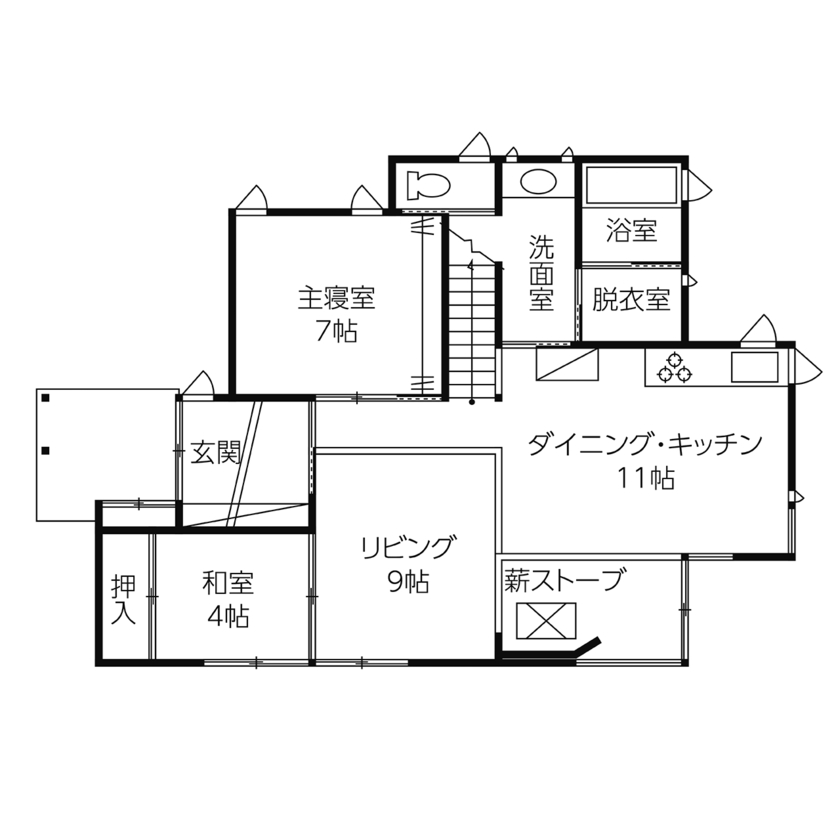 佐七建設 薪ストーブと畳リビングの暮らし。壁付けキッチンを採用し空間に十分なゆとりを設けた自然素材の住まいの間取り図（5LDK）1階