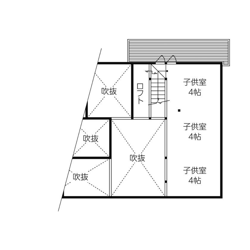 佐七建設 薪ストーブと畳リビングの暮らし。壁付けキッチンを採用し空間に十分なゆとりを設けた自然素材の住まいの間取り図（5LDK）2階