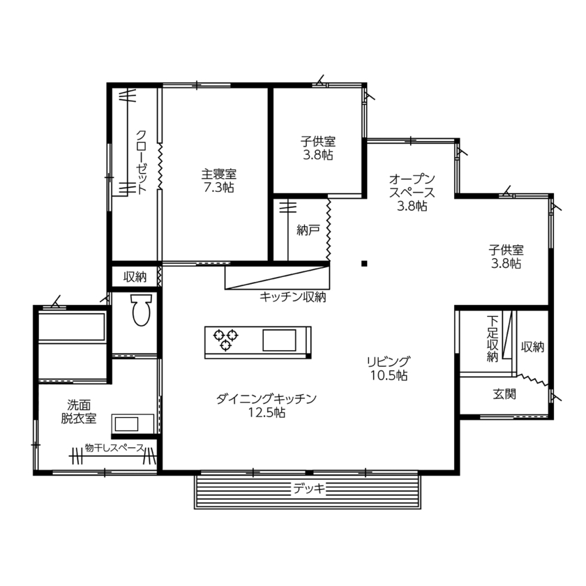 佐七建設 親子5人が暮らす、国産無垢材と塗り壁、自然素材の平屋造。南面にサンルームを配し、雨天時の洗濯も便利の間取り図（2LDK）1階