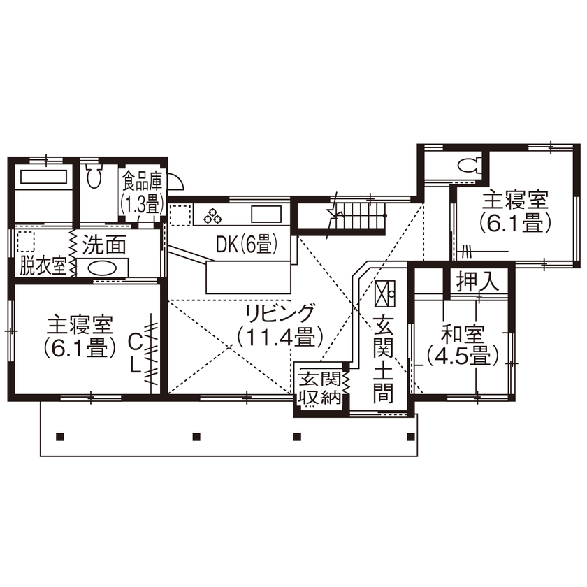 佐七建設 【3LDK+S/31坪/平屋ライク】薪ストーブの炎がゆらぎ、猫とまどろむ。自然素材とともにある、なごみの家の間取り図（3LDK+S）1階
