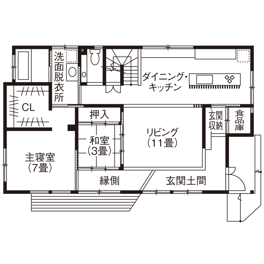 佐七建設 【3LDK/34.5坪/平屋ライク】畳の感触と子どもの笑い声が、暮らしに交差する。畳リビングのぬくもりの家の間取り図（3LDK）1階