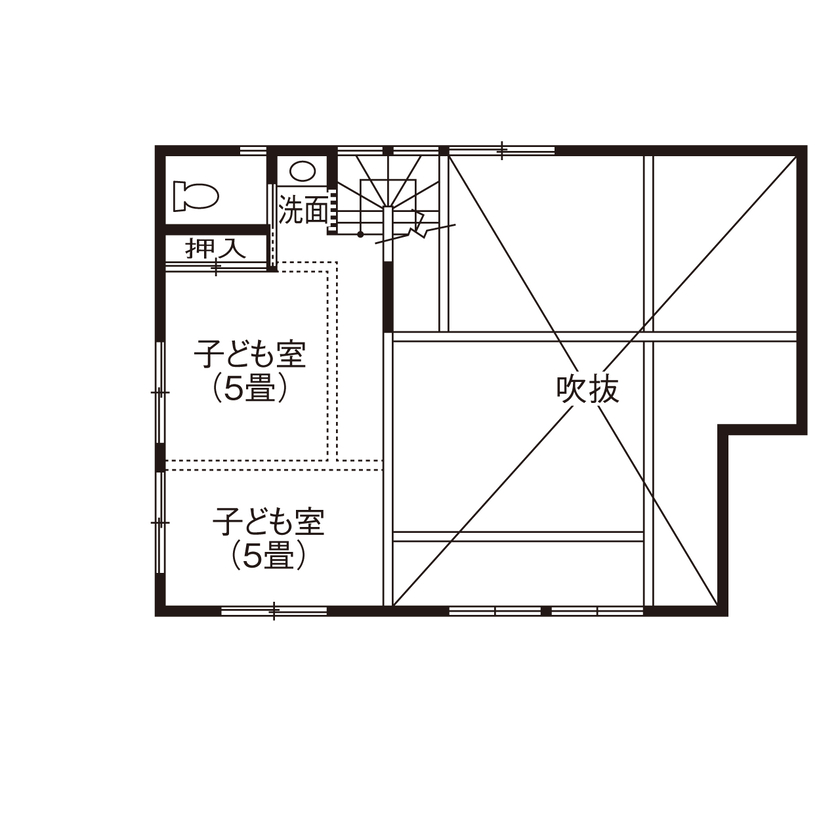 佐七建設 【3LDK/34.5坪/平屋ライク】畳の感触と子どもの笑い声が、暮らしに交差する。畳リビングのぬくもりの家の間取り図（3LDK）2階