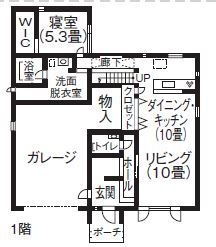 DAhome　(ディーエーホーム) 間取り図有　砂川　ガレージから始まる家づくり。ビルドインガレージと１．５階で家族が共に暮らしを楽しむの間取り図（４LDK+ガレージ）1階