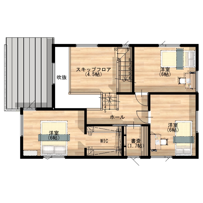 DAhome　(ディーエーホーム) 和モダンとスキップフロアが織りなす、家族がつながる心地よい空間づくりの間取り図（3LDK）２階