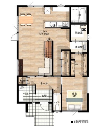 DAhome　(ディーエーホーム) 田園に囲まれた山々を望む敷地にカフェテイストの住空間。のどかを楽しむ吹き抜けのある住まいの間取り図（3LDK）1階