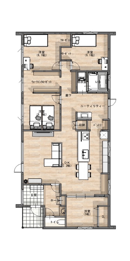 DAhome　(ディーエーホーム) 素材を大事にした、シンプルさと暮らしやすさを備えた、開放感あふれる平屋の住まいの間取り図（4LDK）1階