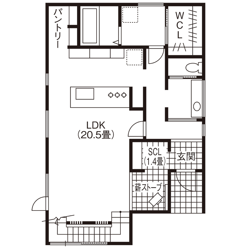 DAhome　(ディーエーホーム) 間取り図有　薪ストーブのある土間とリビングがつながる、木×アイアンがモダンなくつろぎ空間の間取り図（2LDK＋フリースペース）1階