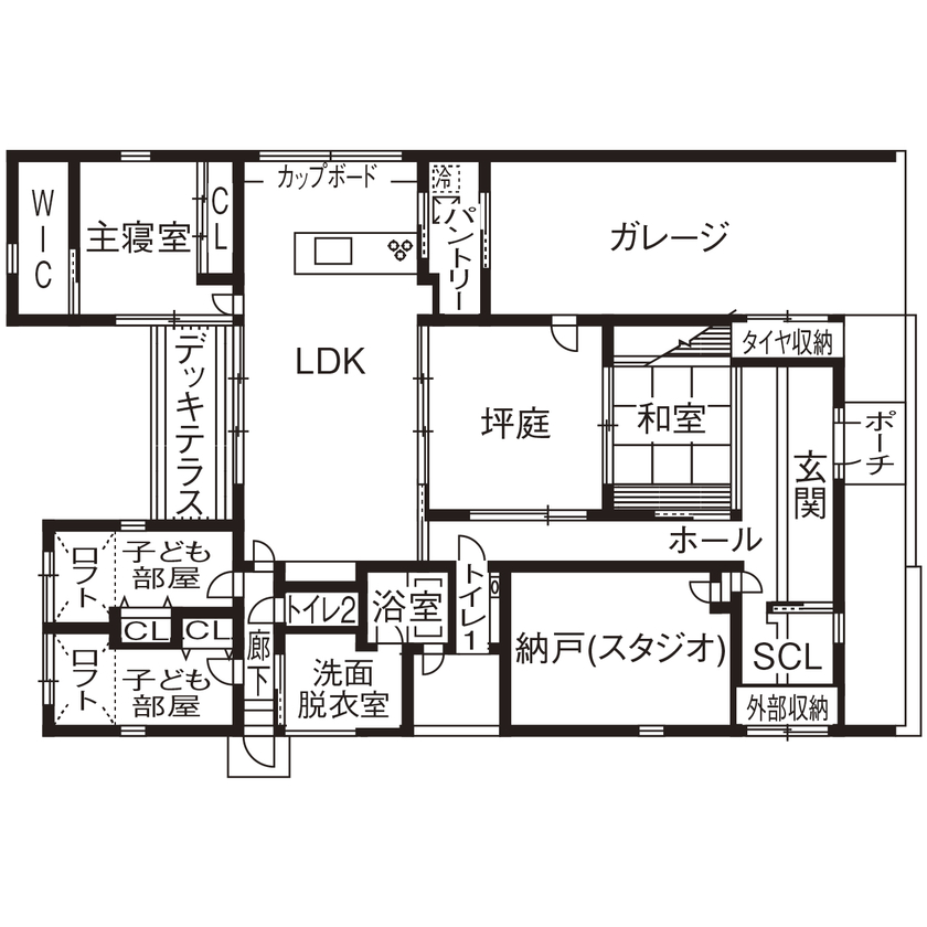 厚見建設工業 【岐阜×平屋×ビルトインガレージ×間取図有】防音室対応のスタジオで趣味時間を愉しむ家の間取り図（4LDK＋スタジオ）１階