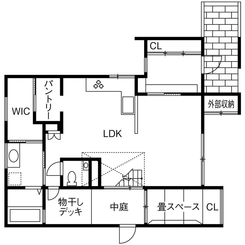 厚見建設工業 【2000万円台/岐阜市/間取り図有】造作キッチン、ボルダリング壁、中庭、わくわくが詰まった家の間取り図（3LDK）1階