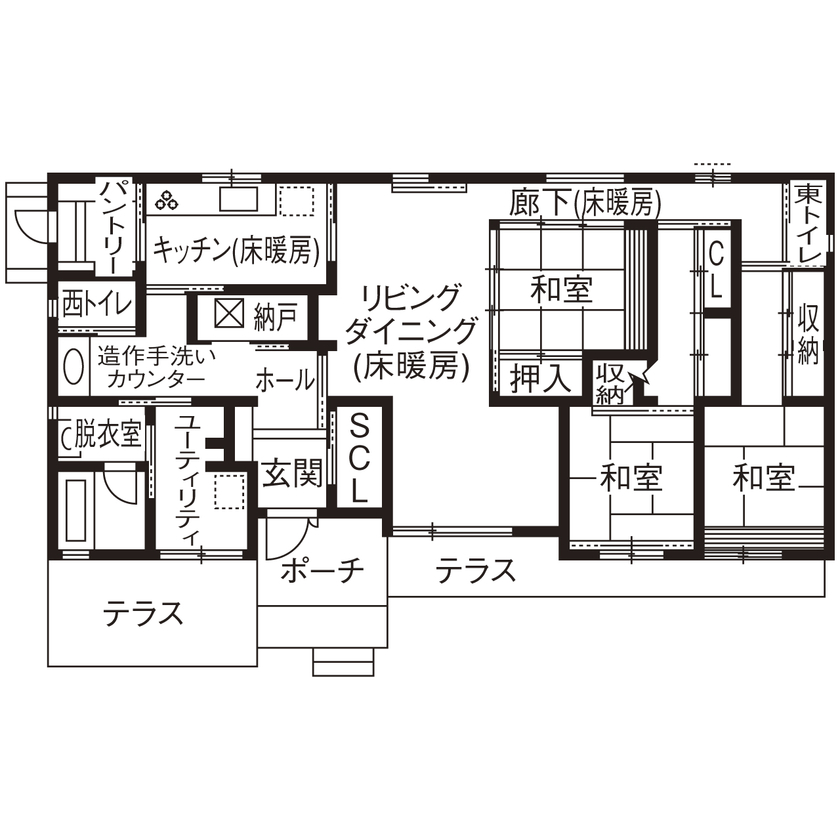 厚見建設工業 【平屋/インナーガレージ/間取図有】北棟＋南棟、2棟構成。シンプル＆品格を纏う大人のための平屋の間取り図（4LDK）北棟1階