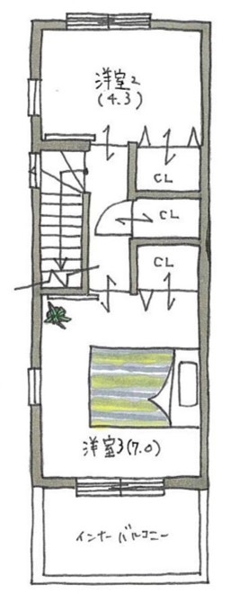 アトリエ・クラッセ 一級建築士事務所 京都・宇治│1000万円台｜25坪台｜間取図　狭小地でも駐車場を確保！理想的なかっこいい3階建ての家の間取り図（3LDK）３階