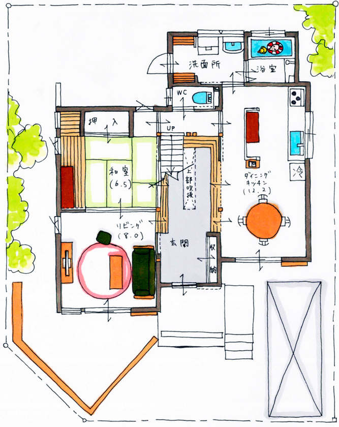 アトリエ・クラッセ 一級建築士事務所 京都・宇治 │2000万円台　玄関土間を中心に居住空間が広がる！おしゃれで和の風情漂う家【間取り図有】の間取り図（4LDK）1階