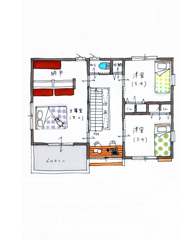 アトリエ・クラッセ 一級建築士事務所 京都・宇治 │2000万円台　玄関土間を中心に居住空間が広がる！おしゃれで和の風情漂う家【間取り図有】の間取り図（4LDK）2階