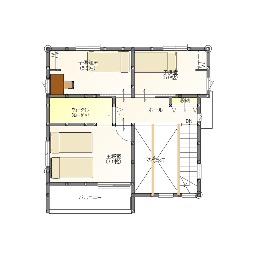 アトリエ・クラッセ 一級建築士事務所 京都｜2100万円台　天然木・造作を見せてヴィンテージ感を演出したインダストリアルハウスの間取り図（3LDK）2階