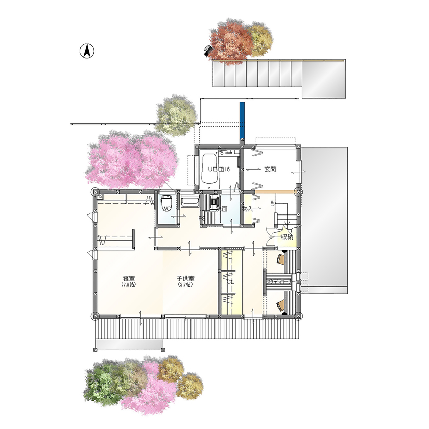 アトリエ・クラッセ 一級建築士事務所 京都・宇治｜2000万円台　高台の立地を活かし、2階リビングから眺望が楽しめて気持ちよく過ごせる家をの間取り図（2LDK）1階