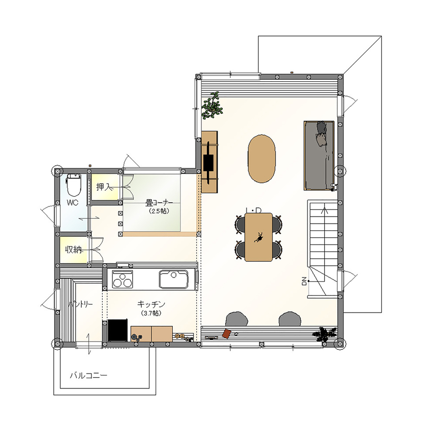 アトリエ・クラッセ 一級建築士事務所 京都・宇治｜2000万円台　高台の立地を活かし、2階リビングから眺望が楽しめて気持ちよく過ごせる家をの間取り図（2LDK）2階