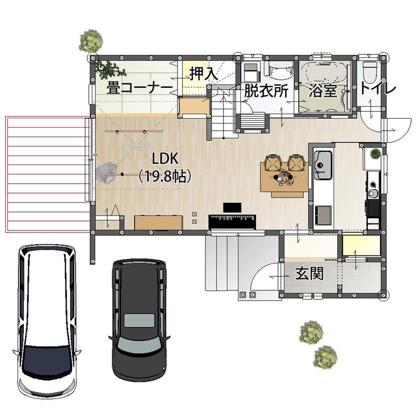 アトリエ・クラッセ 一級建築士事務所 京都・城陽｜2100万円台　中２階を設けた家族が触れ合える設計。愛猫もイキイキと暮らせる理想の住まいにの間取り図（3LDK）1階