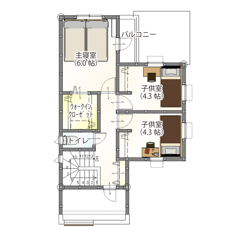 アトリエ・クラッセ 一級建築士事務所 京都｜1000万円台｜24坪台｜間取図有　予算内でこだわりの素材を選び、フレンチスタイルの快適な家を実現の間取り図（3LDK）2階