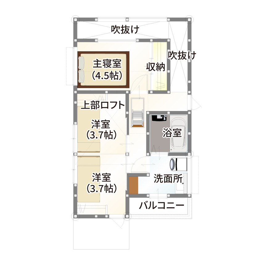 アトリエ・クラッセ 一級建築士事務所 京都・宇治｜1000万円台｜狭小｜間取図有　21坪の敷地に建つ、白×グレーのナチュラルデザインの家の間取り図（3LDK）2階