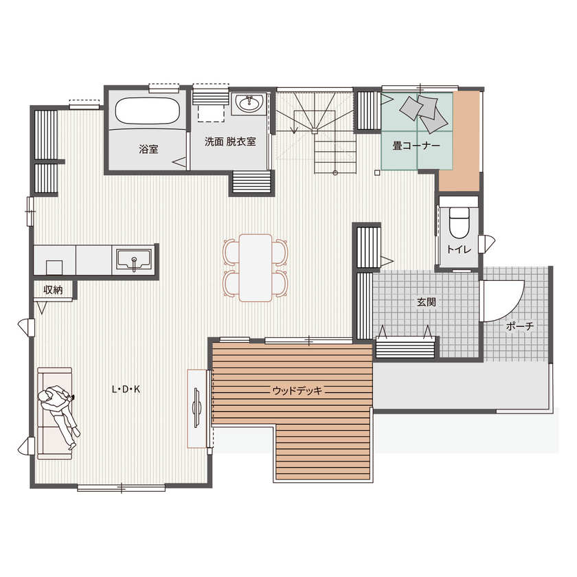 アトリエ・クラッセ 一級建築士事務所 京都・宇治市｜2900万円台 ナチュラルな風合いを漂わせたルーバー天井のある、シンプルモダンな家の間取り図（2LDK）1階