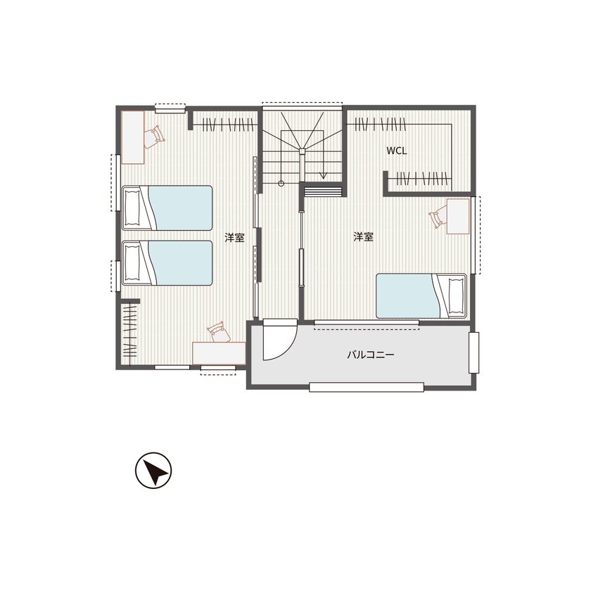 アトリエ・クラッセ 一級建築士事務所 京都・宇治市｜2900万円台 ナチュラルな風合いを漂わせたルーバー天井のある、シンプルモダンな家の間取り図（2LDK）2階