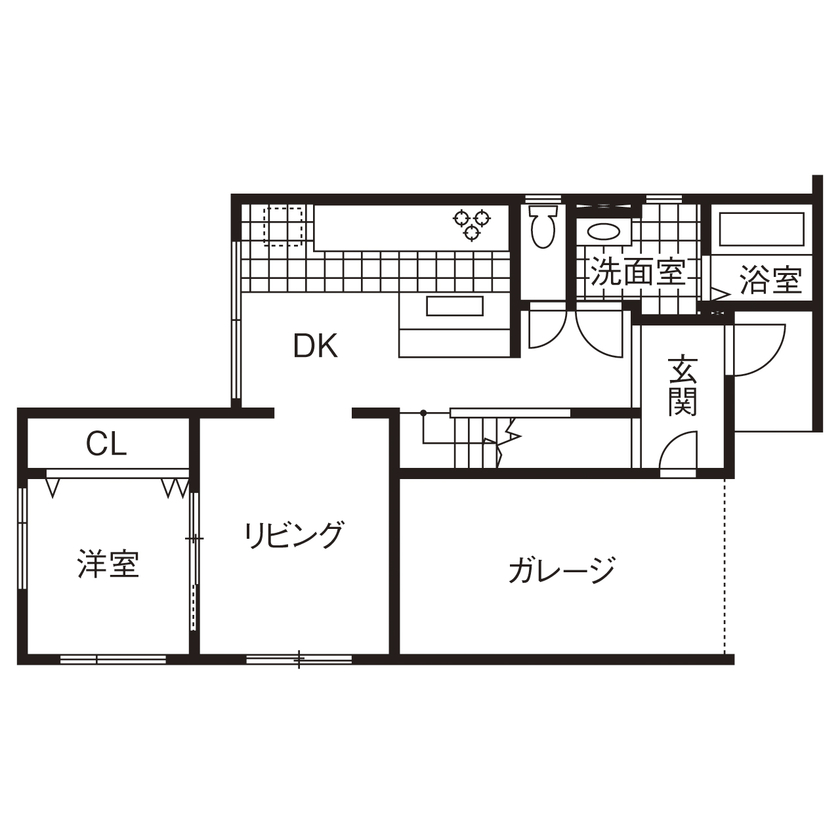 ユニバーサルホーム 【間取図・無垢床&床暖房・ビルトインガレージ】インダストリアルスタイルのおしゃれなビストロ風の間取り図（2リビングの2世帯住宅）1階