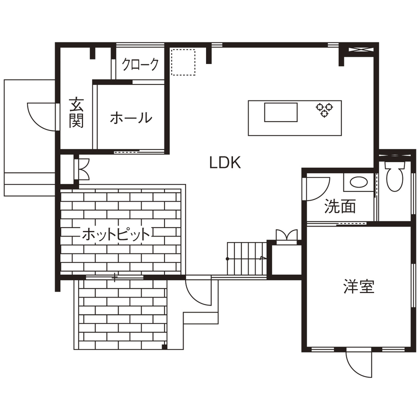 ユニバーサルホーム 　【間取図/無垢床&床暖房/ダウンフロアリビング】自然素材の温もりが心地いいアンティークスタイルの間取り図（2LDK）1階