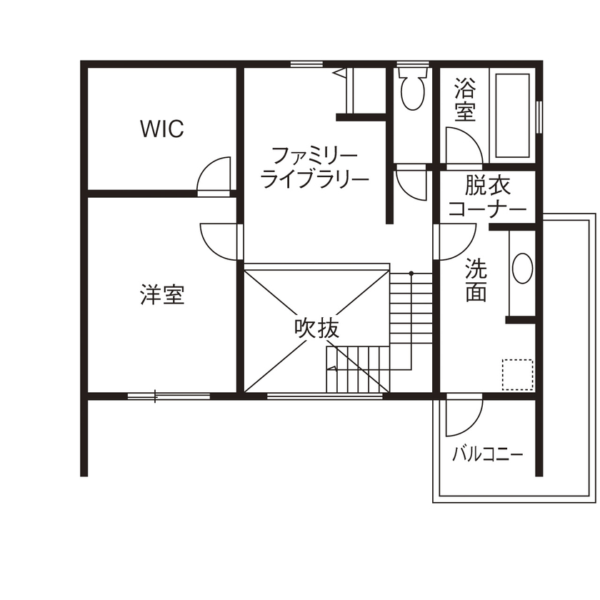 ユニバーサルホーム 　【間取図/無垢床&床暖房/ダウンフロアリビング】自然素材の温もりが心地いいアンティークスタイルの間取り図（2LDK）2階