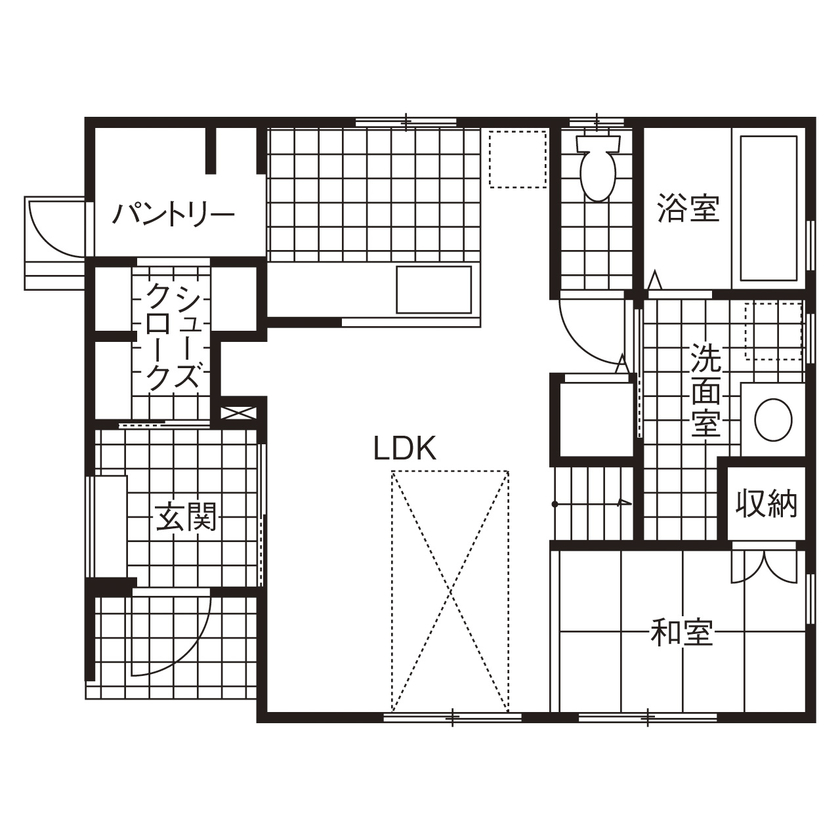 ユニバーサルホーム 【間取図/無垢床&床暖房/総タイル貼り】外壁も基礎も高耐久！お気に入りのデザインの家で長く安心しての間取り図（4LDK）1階