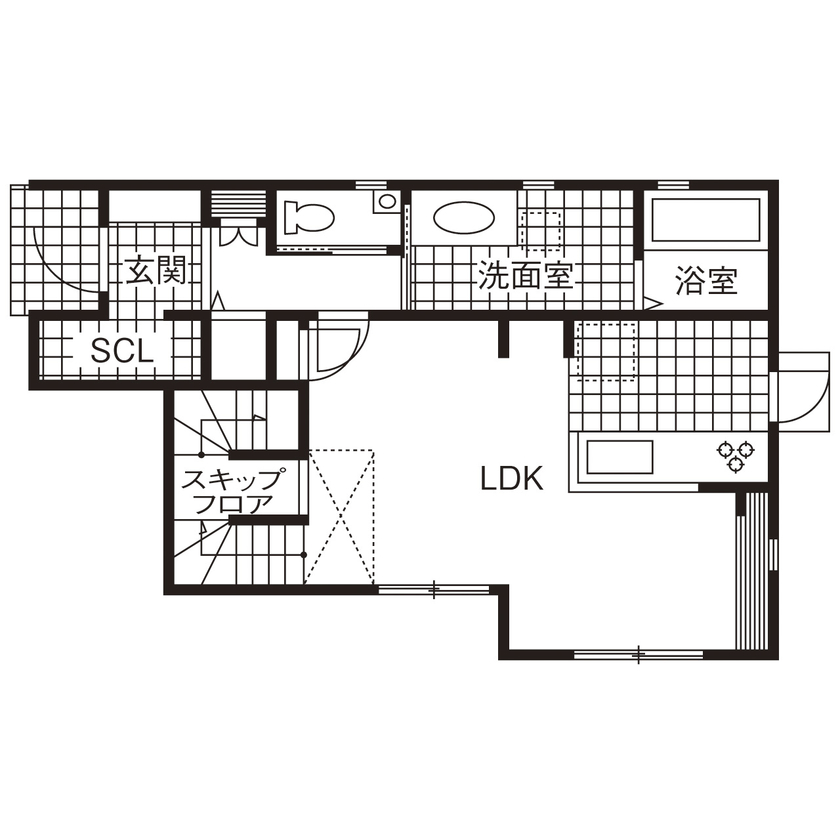 ユニバーサルホーム 【間取図/無垢床&床暖房/スキップフロア】子どもも大人も快適で楽しい！遊び心と温もりの家の間取り図（3LDK）1階