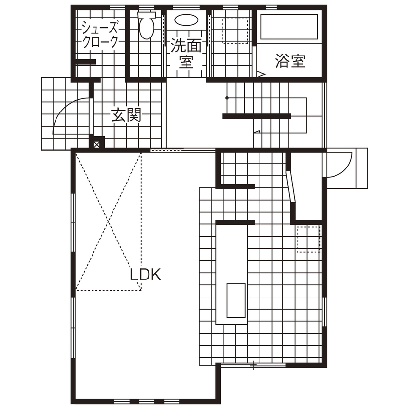 ユニバーサルホーム 【間取図/無垢床&床暖房/男前スタイル】自由設計を満喫したナチュラル＆ヴィンテージなデザイン空間の間取り図（3LDK）1階