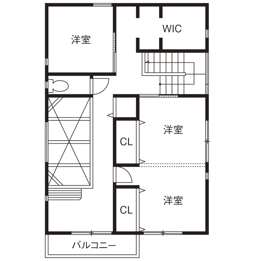 ユニバーサルホーム 【間取図/無垢床&床暖房/男前スタイル】自由設計を満喫したナチュラル＆ヴィンテージなデザイン空間の間取り図（3LDK）2階