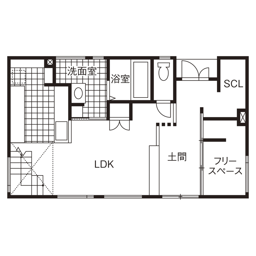 ユニバーサルホーム 【間取図/無垢床&床暖房/西海岸風】トレーニングやバイクいじりが楽しい土間空間とスケルトン階段が自慢の間取り図（4LDK）1階