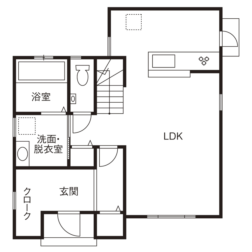 ユニバーサルホーム 【間取図/無垢床&床暖房/家カフェ風/ヌック】30坪台のコンパクトな家でのびのびと豊かに暮らすの間取り図（3LDK）1階