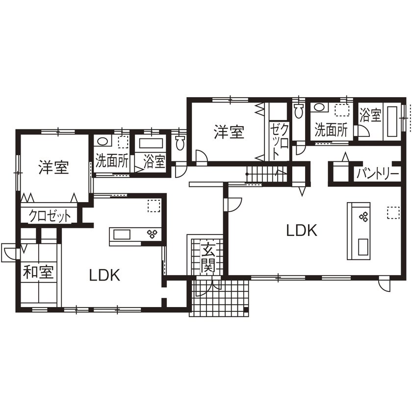 ユニバーサルホーム 【間取図/床暖房＆無垢床/二世帯住宅】親・子2家族がお互いを尊重しながら助け合える完全分離の二世帯住宅の間取り図（二世帯住宅5LDK＋2LDK）1階