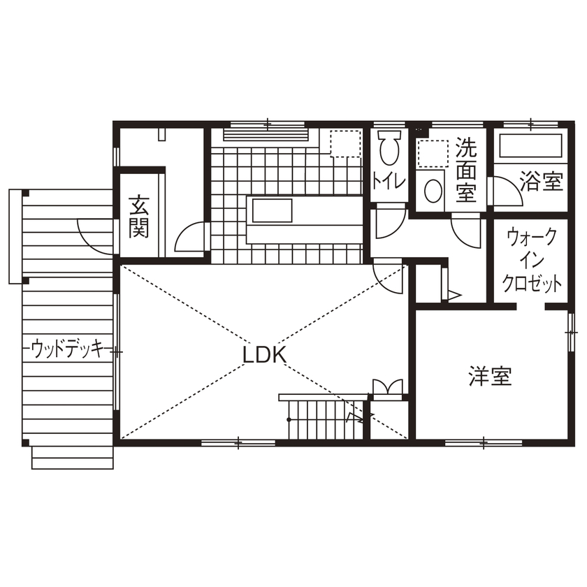 ユニバーサルホーム 【間取図/床暖房/アメリカンハウス/カバードポーチ】米軍ハウスをイメージしたヴィンテージ感覚の平屋風の間取り図（2LDK）1階