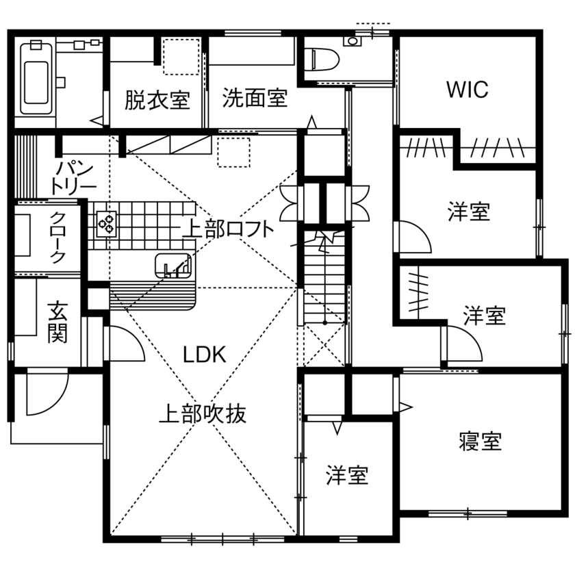 ユニバーサルホーム 【2500万円～2999万円／平屋／ロフト／間取図有】家事動線＆外は2℃でもエアコン不要のあったか快適ライフの間取り図（4LDK＋ロフト）1階