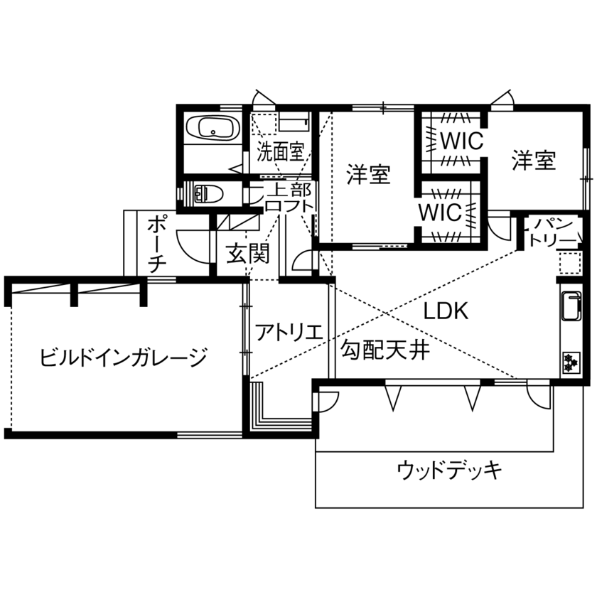 ユニバーサルホーム 【2400万円／ビルトインガレージ／全館空調／平屋／間取図有】愛犬と一緒に八ヶ岳ライフを満喫できる家の間取り図（2LDK+ロフト）1階